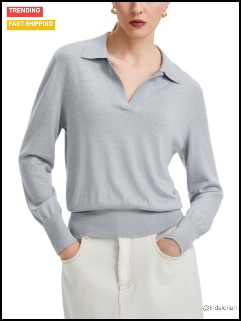 Merino Wool Polo Sweater Women Long Sleeve Pullover Top Collared Knit